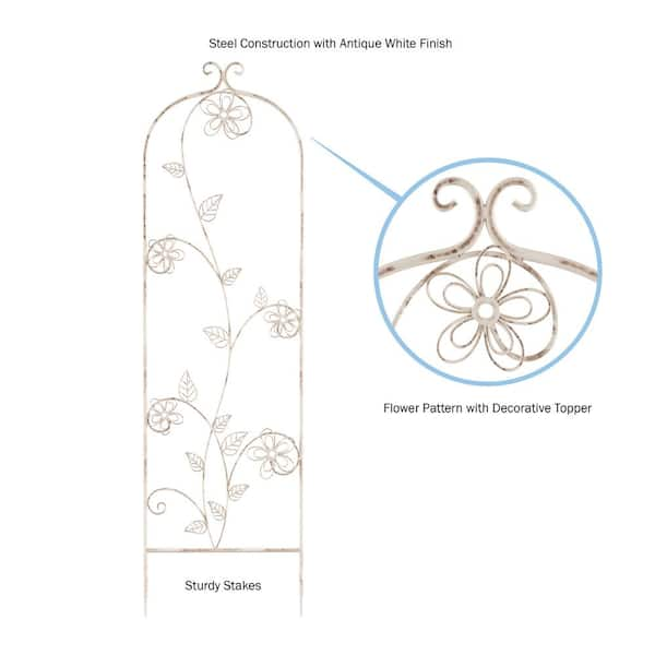 46 in. Decorative Leafy Vine and Butterfly Design Metal Garden Trellis for Climbing Plants in Antique White