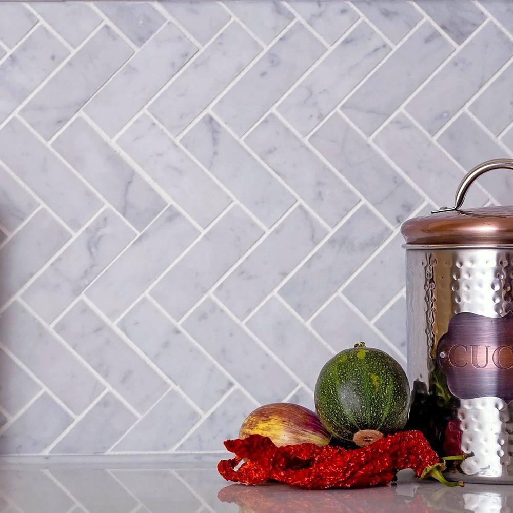 Apollo White Polished Marble Herringbone Mosaic Tile 12.8 x 11.9 in