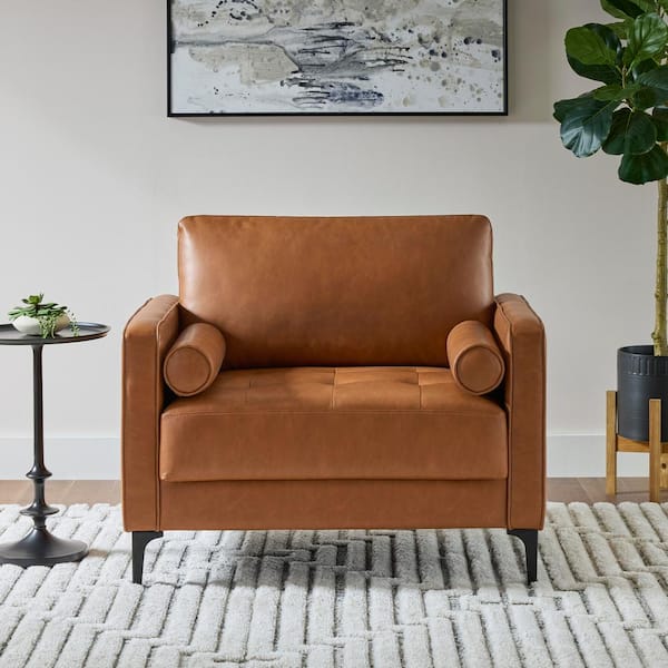 Goodwin Faux Leather Large Arm Chair in Caramel Brown with Bolster Pillows