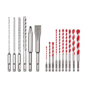 4-Cutter SDS Plus Carbide Drill Bits with Flat & Bull Point Chisel w/SHOCKWAVE Carbide Hammer Drill Bit Set (16-Piece)