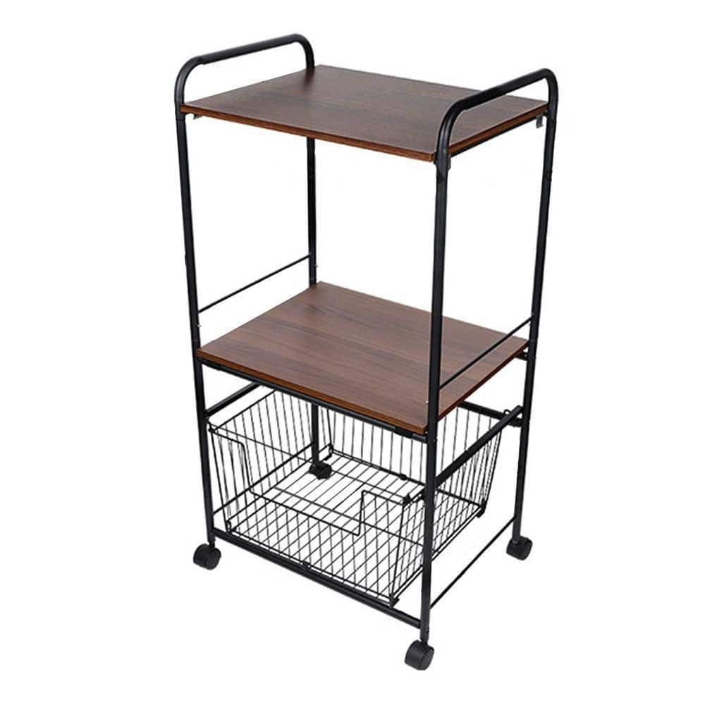 YIYIBYUS Black Rolling 3Tier Metal Wooden Shelving Unit with Basket
