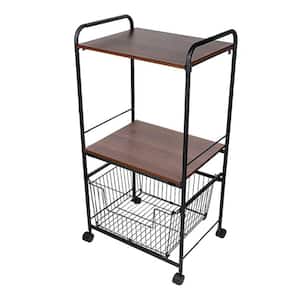 Black Rolling 3-Tier Metal Wooden Shelving Unit with Basket (19.6 in. W x 43.3 in. H x 14.5 in. D)