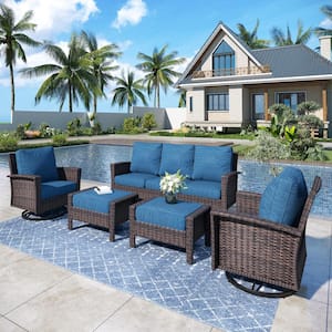 Black 5-Pieces Metal Patio Conversation Sectional Seating Set with Swivel Sofa Chairs, Ottoman and Blue Cushions