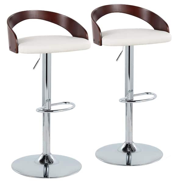 Lumisource Grotto 39 in. White Faux Leather, Cherry Wood and Chrome Metal Adjustable Bar Stool with Oval Footrest (Set of 2)