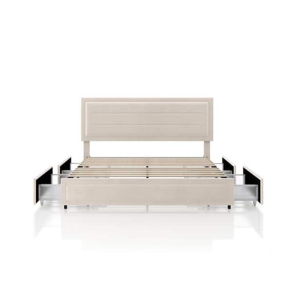 Kieranne Ivory Beige Upholstered Metal Frame Queen Platform Bed With 4 Side Drawers
