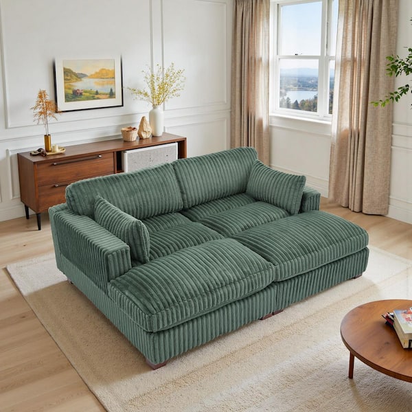 82.72 in. Modern Square Arm Faux Rabbit Fur Fabric Upholstered Sectional Sofa in. Green