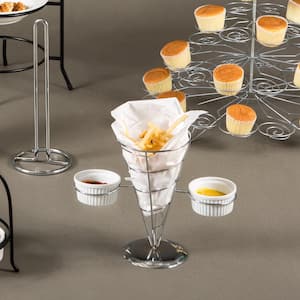 Chrome Iron Wire French Fry Set with Single Cone Holder, 2-Ceramic Ramekins for Dipping Sauce