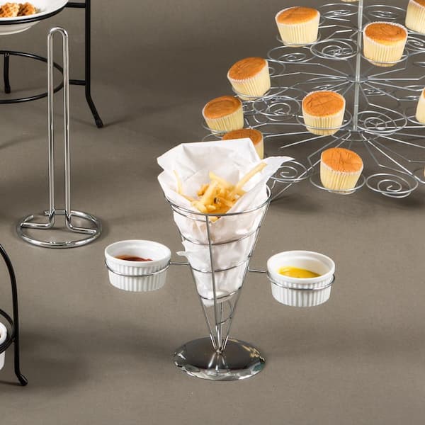 Chrome Iron Wire French Fry Set with Single Cone Holder, 2-Ceramic Ramekins for Dipping Sauce