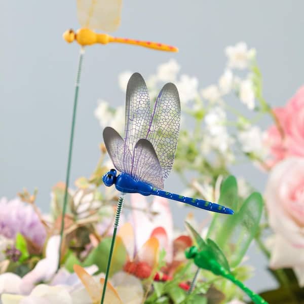 24-Pieces 4-Color Dragonfly Ornaments-Plastic Garden Stakes for