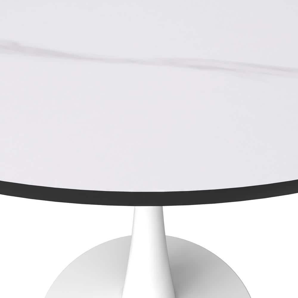 White Round Sintered Stone Dining Table with Steel Pedestal Base