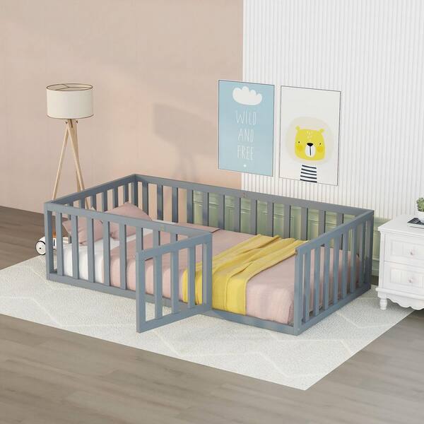 URTR Twin Size Wood Daybed Frame with Fence, Twin Floor Bed with Door for Toddlers Kids, Box Spring Needed, Gray