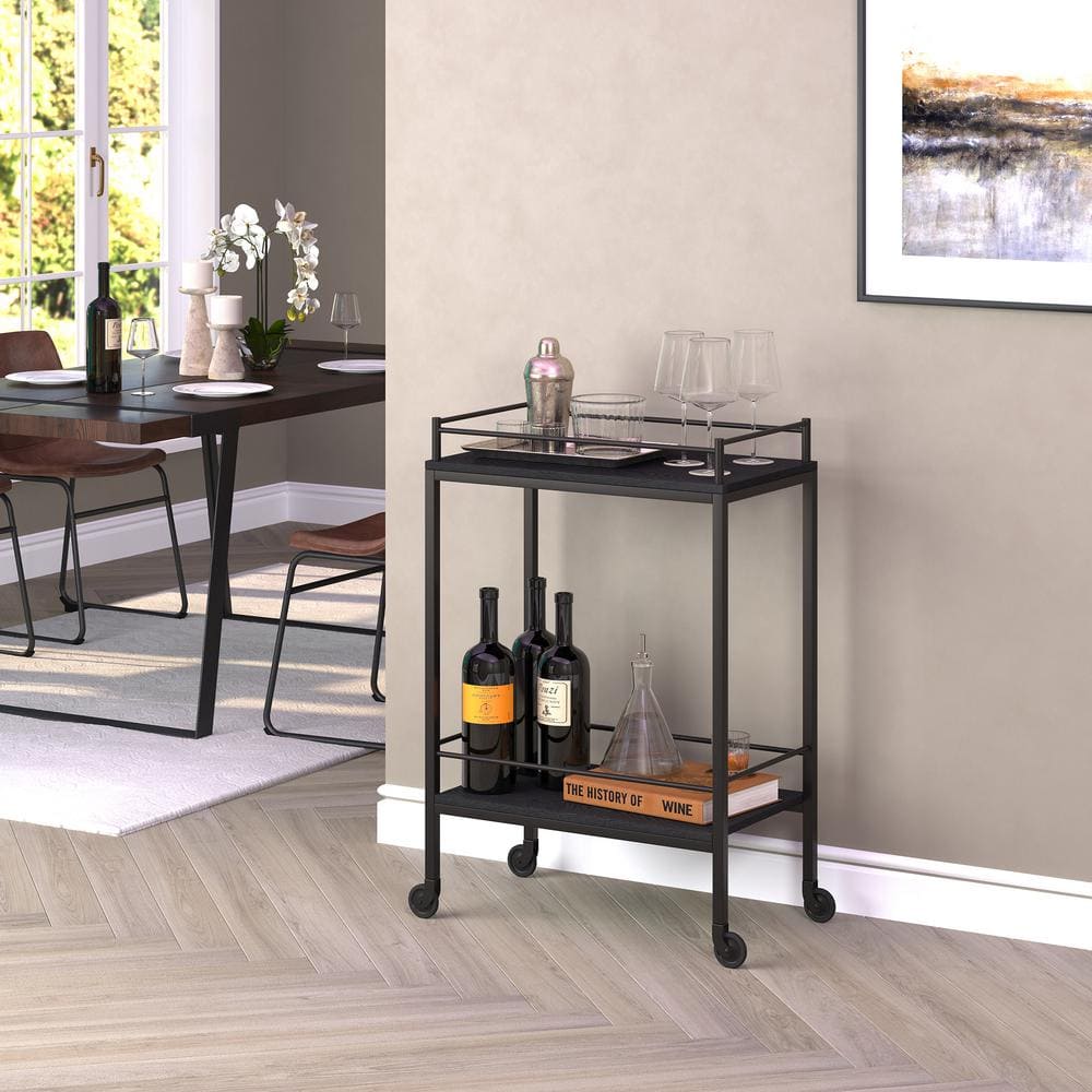 Barnes Black Grain Wood-Finish & Bronze Frame Bar Cart with Storage