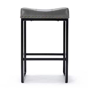 24 in. Gray Backless Metal Frame Cusioned Faux Leather Saddle Bar Stools(Set of 4)
