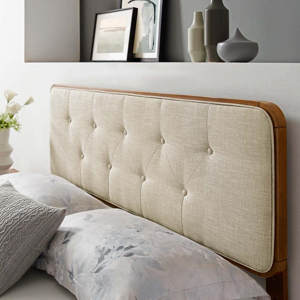 Walnut Beige Tufted Fabric Queen Headboard with Mid-Century Charm