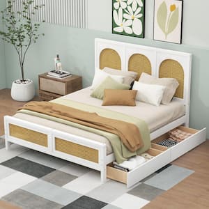 Rustic Style White Wood Frame Full Size Platform Bed with 2-Drawer, Rattan Headboard and Footboard