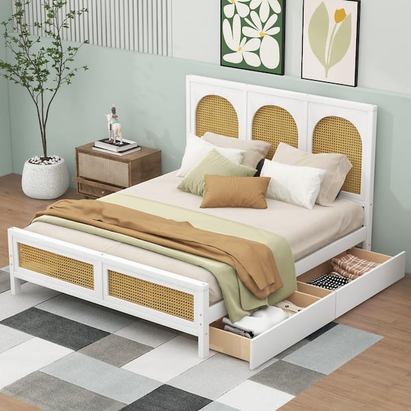 Harper & Bright Designs Rustic Style White Wood Frame Full Size Platform Bed with 2-Drawer, Rattan Headboard and Footboard