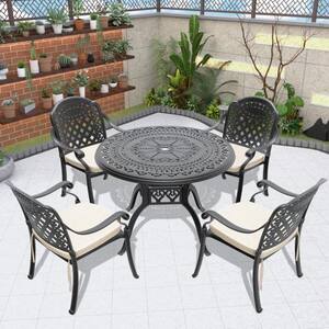 Black 5-Piece Cast Aluminum Outdoor Dining Set, Patio Furniture with 39.37 in. Round Table and Random Color Cushions