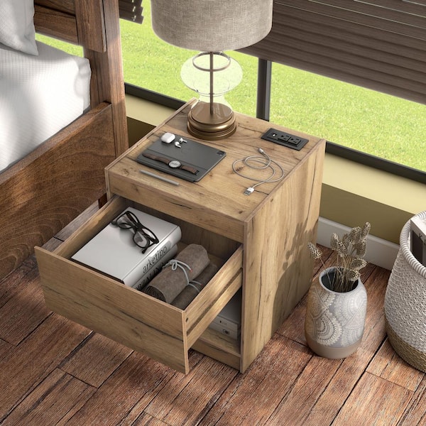 Miles Light Oak 1 Drawer 15.75 in. W. Nightstand with Power Ports