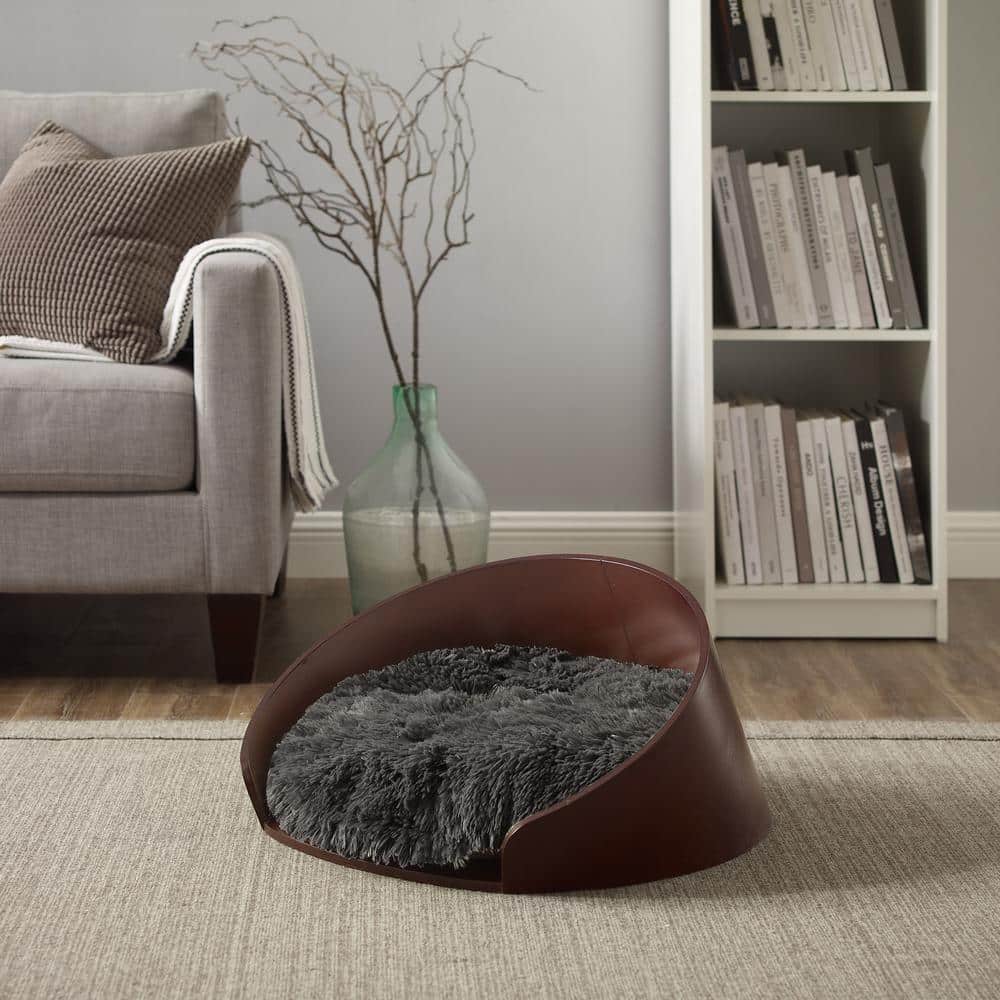 Small Dark Brown Bent Wood Faux Fur Dog Bed
