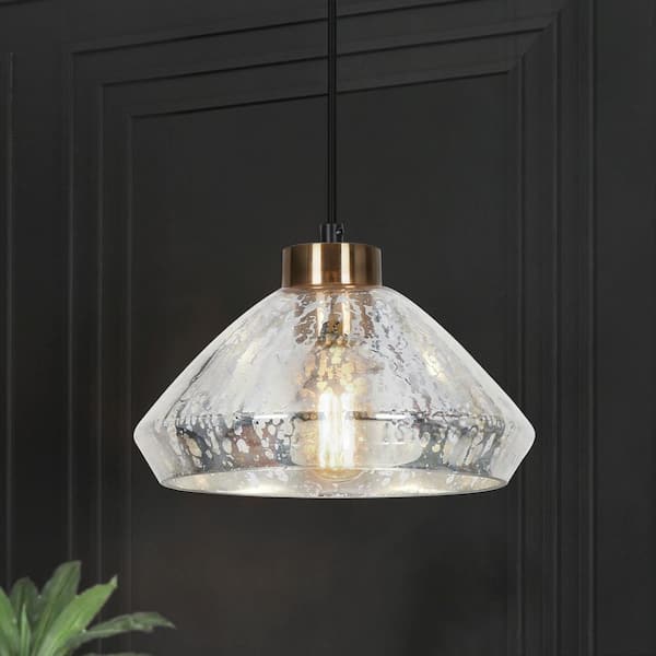 LNC Modern 9.8 in. 1-Light Black and Plated Brass Classic Pendant with Textured Glass Shade Kitchen Island Ceiling Light