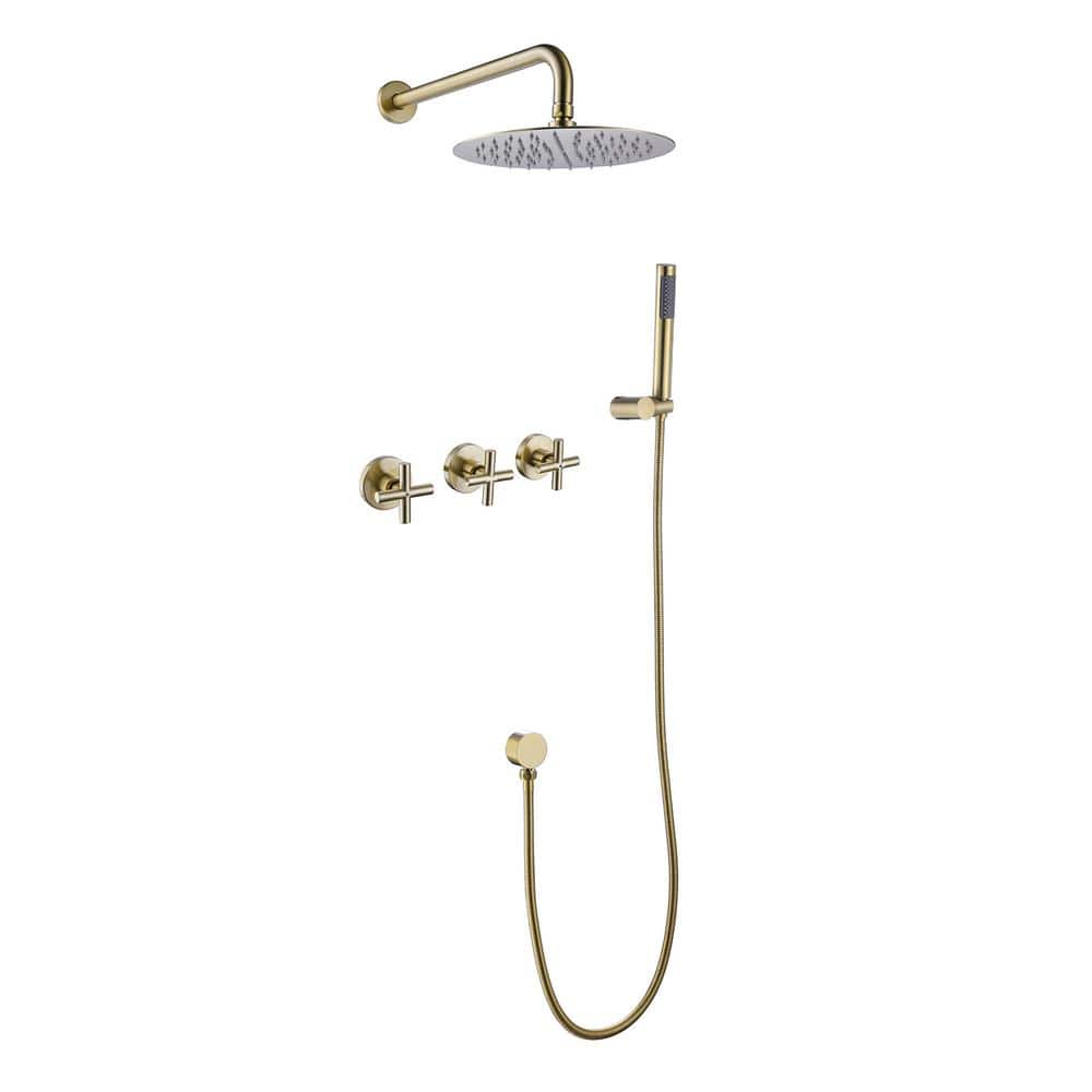 Triple Handle 1-Spray Round Shower Faucet 2.9 GPM with High Pressure in Bru
