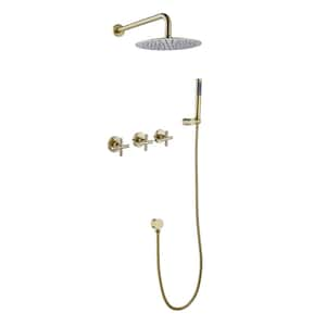 Triple Handle 1-Spray Round Shower Faucet 2.9 GPM with High Pressure in Brushed Gold (Valve Included)