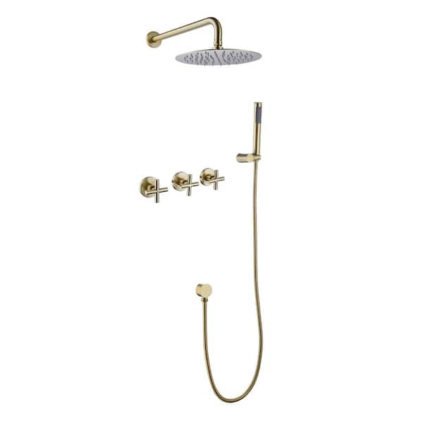 Unbranded Triple Handle 1-Spray Round Shower Faucet 2.9 GPM with High Pressure in Brushed Gold (Valve Included)