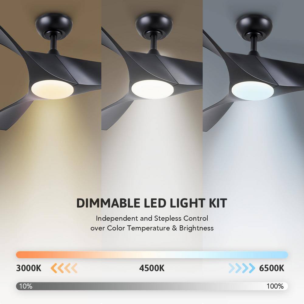 52" Black Modern Ceiling Fan with Dimmable LED Light and Remote