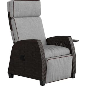 Dark Brown PE Wicker Outdoor Lounge Chair Recliner with Flip Table Push Back and Dark Grey Cushion (1-Pack)