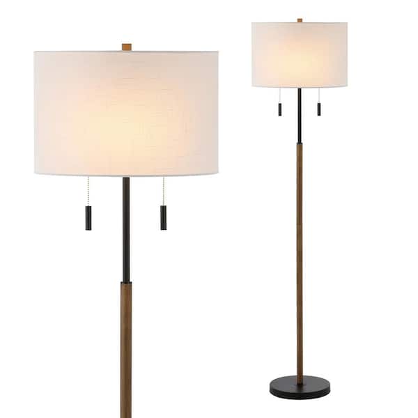 JONATHAN Y Maude 61 in. Brown Wood Finish/Black Rustic Farmhouse 2-Light Iron Candlestick Pull Chains LED Standard Floor Lamp