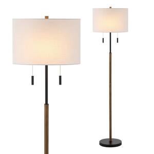 Maude 61 in. Brown Wood Finish/Black Rustic Farmhouse 2-Light Iron Candlestick Pull Chains LED Standard Floor Lamp