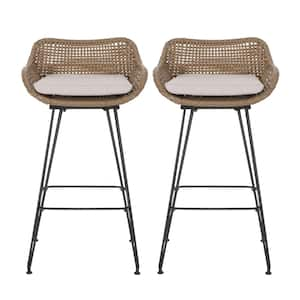 Stackable Light Brown Metal Outdoor Bar Stool with Woven Wicker and Sturdy Metal Hairpin Legs, Beige Cushion (2-Pack)