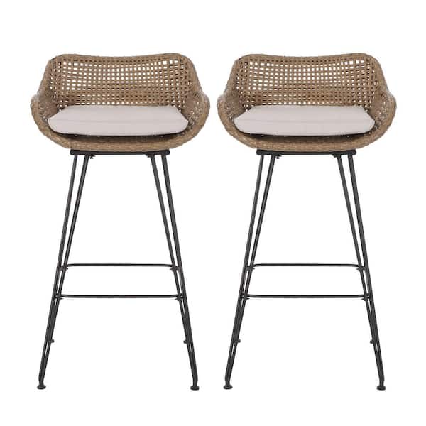 Misopily Stackable Light Brown Metal Outdoor Bar Stool with Woven Wicker and Sturdy Metal Hairpin Legs, Beige Cushion (2-Pack)
