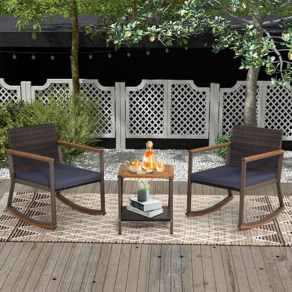 FORCLOVER 3-Piece Patio Wicker Patio Conversation Sets Rocking Chairs Set with Blue Cushions and Heavy-Duty Metal Frame