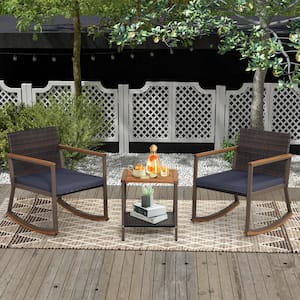 3-Piece Patio Wicker Patio Conversation Sets Rocking Chairs Set with White Cushions and Heavy-Duty Metal Frame
