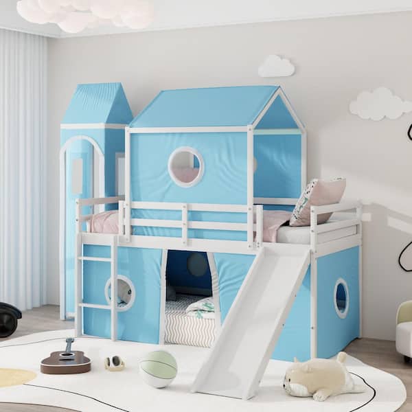 Twin Size Bunk Bed with Slide Blue Tent and Tower, Blue