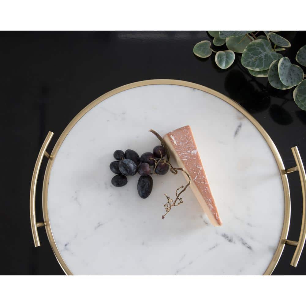 White Marble and Gold Round Metal Tray with Handles