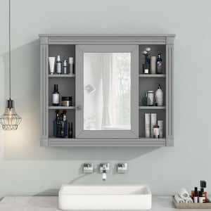 35 in. W x 28.7 in. H Rectangular Surface Mount Gray Bathroom Medicine Cabinet with Mirror with Open Shelves