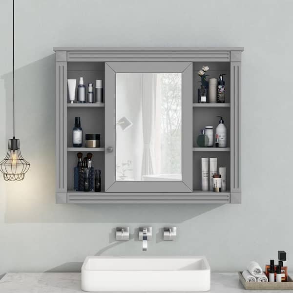 Cesicia 35 in. W x 28.7 in. H Rectangular Surface Mount Gray Bathroom Medicine Cabinet with Mirror with Open Shelves