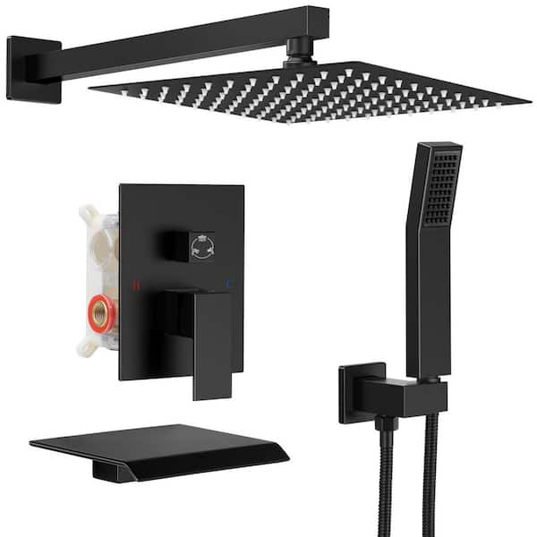 Double Handle 3-Spray Tub and Shower Faucet Shower Combo 12 in. Shower Head 2.5 GPM in Matte Black Valve Included