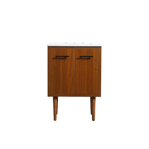 Unbranded Simply Living 24 in. W x 19 in. D x 33.5 in. H Bath Vanity in Teak with Ivory White Engineered Marble Top