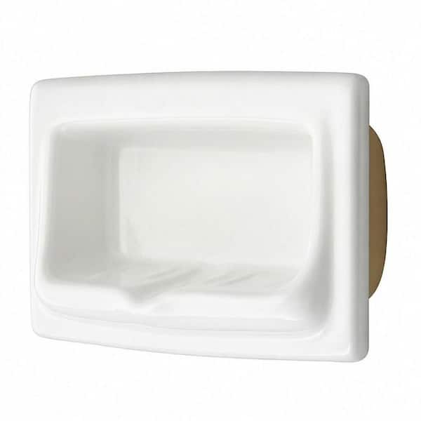 1-Pack White Glossy Ceramic Recessed Soap Dish Wall Drill in Built in Soap Holder for Shower and Bath