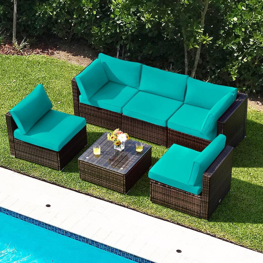 Turquoise Cushioned 5-Person Brown Iron Wicker Patio Set