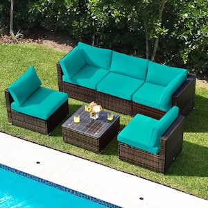 6-Piece Wicker Outdoor Sectional Conversation Furniture Set with Coffee Table & Turquoise Cushions