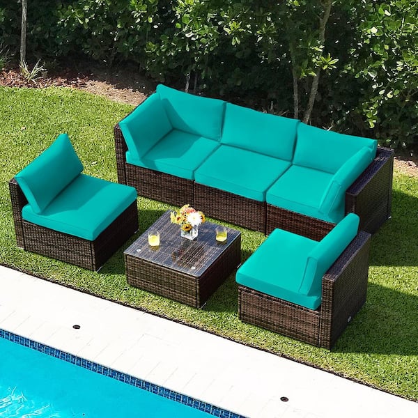 6-Piece Wicker Outdoor Sectional Conversation Furniture Set with Coffee Table & Turquoise Cushions