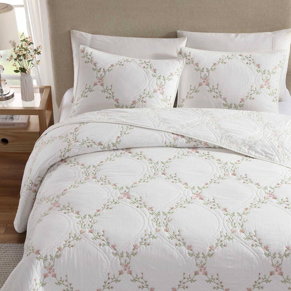 Pink Floral Embroidered Cotton Twin Quilt Set
