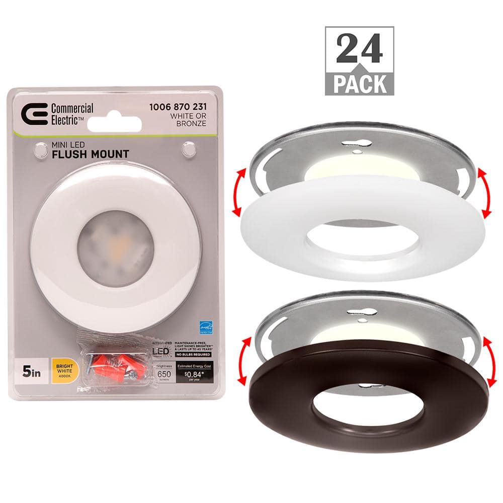 5 in. Mini Closet Light LED Flush Mount with White and Bronze Trims fits 3.5 in. 4 in. Junction Boxes 7-Watt (24-Pack) -  Commercial Electric, 564361410-24PK