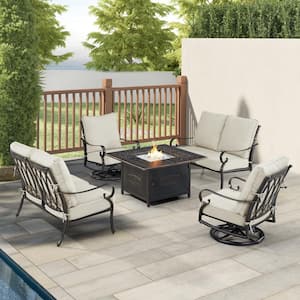 Black Aluminum Fire Table Set with 2-Loveseats and 2-Club Chairs