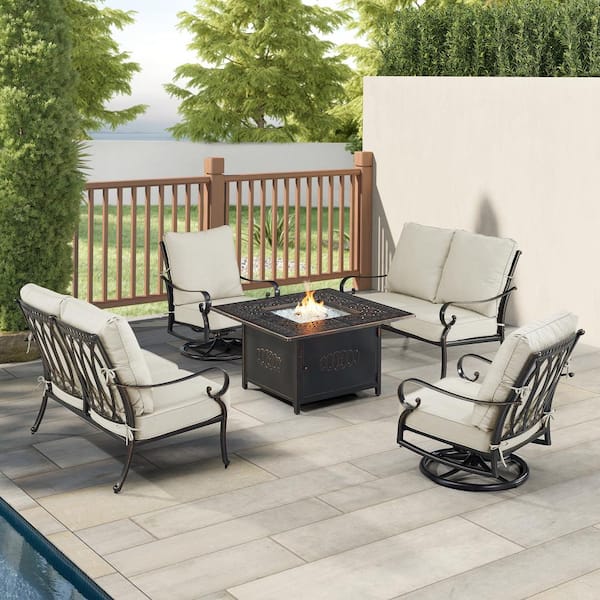 Oakland Living Black Aluminum Fire Table Set with 2-Loveseats and 2-Club Chairs