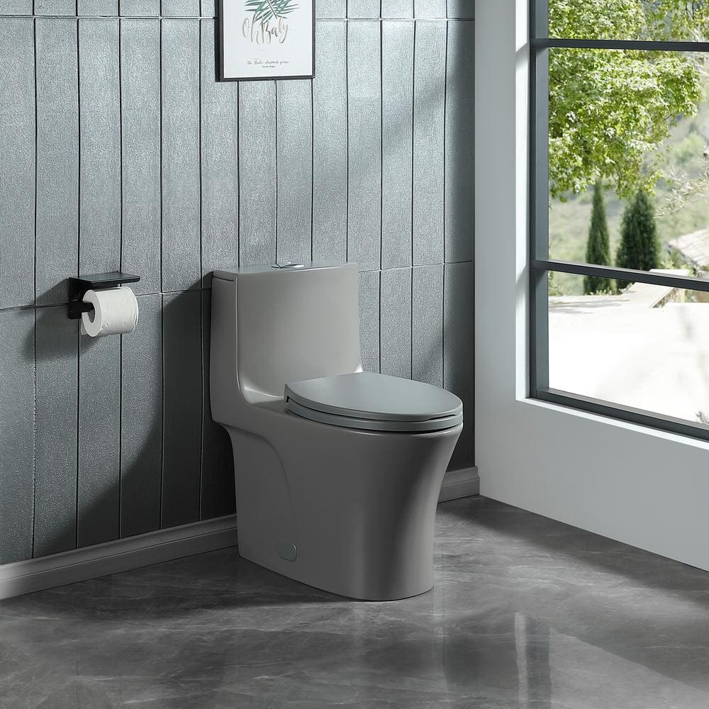 One-Piece 1.1/1.6 GPF Dual Flush Elongated Toilet in Light Gray, Seat ...